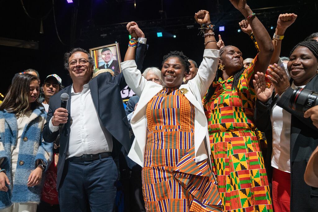 Gustavo Petro and Francia Márquez celebrate after winning the presidential election in Bogotá, Colombia, on Sunday. Photograph: Federico Rios/New York Times