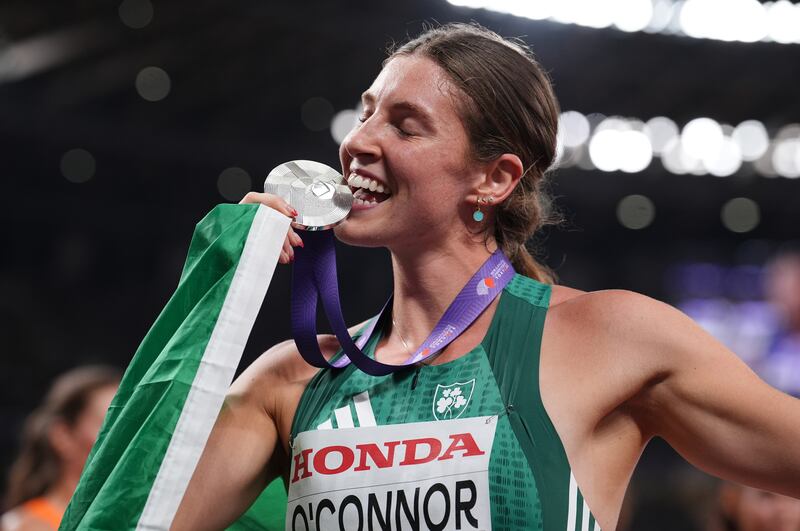 Ireland's Kate O'Connor celebrates after winning the silver medal in heptathlon. Photograph: Martin Rickett/PA Wire