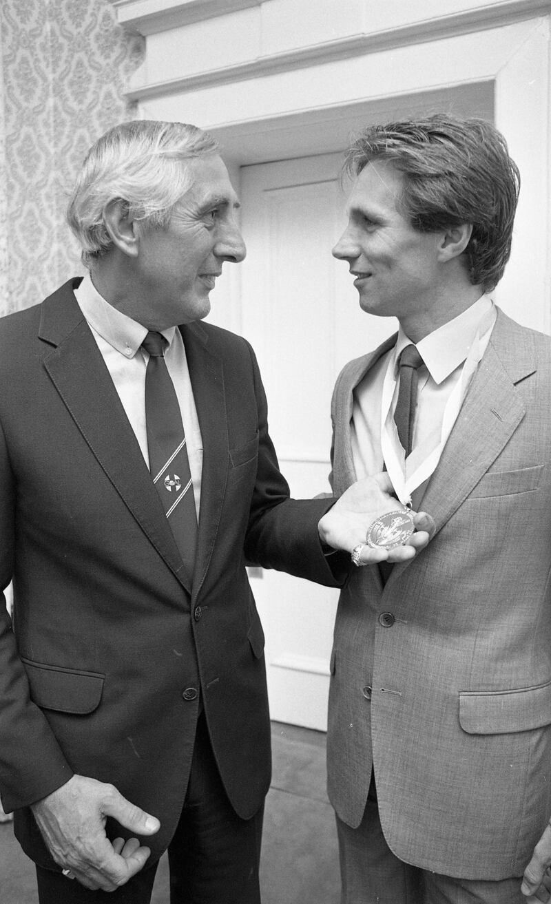 Former Olympic champion Ronnie Delany at a reception for Eamonn Coghlan after he won the 5,000m at the World Championships in Helsinki in 1983. Photograph: Independent News and Media/Getty Images