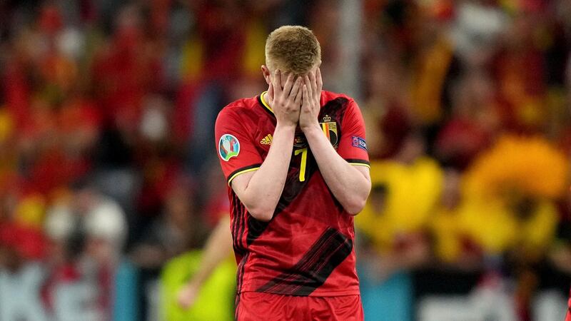 Kevin De Bruyne looks dejected during Belgium’s 2-1 defeat to Italy. Photograph: Matthias Schrader/AP
