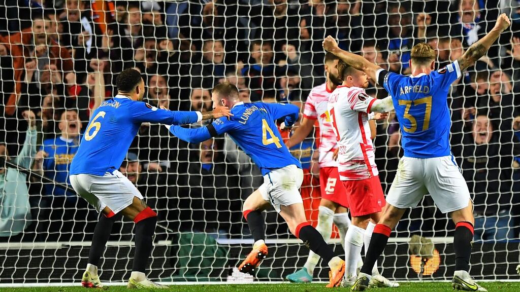 Rangers’ English midfielder John Lundstram celebrates after scoring the winning goal against Leipzig. Photograph: Andy Buchanan/AFP via Getty