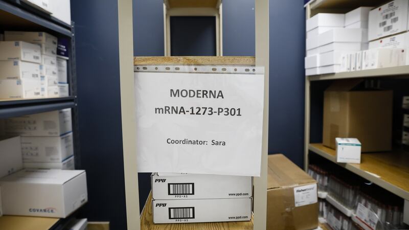 A Moderna Inc. sign is displayed on a shelf during clinical trials for a Covid-19 vaccine in Florida, US. Photograph: Eva Marie Uzcategui/Bloomberg