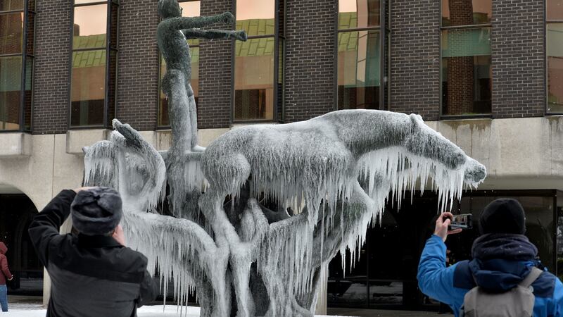 The Beast from the East freezes thesculpture fountain at the Irish Life Building in Dublin. Photograph: Alan Betson