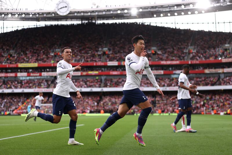 Son Heung-Min celebrates after scoring for Spurs at Arsenal last week. Photograph: Alex Pantling/Getty Images