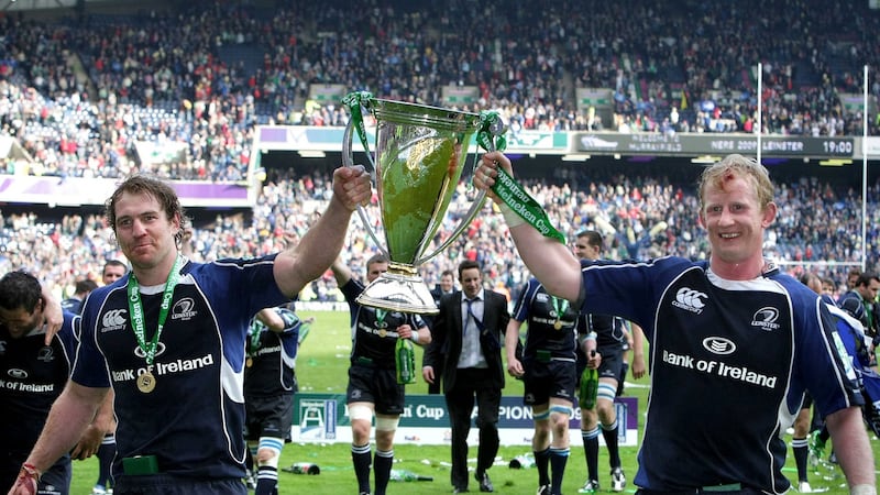 Leinster’s Rocky Elsom with captain Leo Cullen and the Heineken Cup after the 2009 final. Photograph: Morgan Treacy/Inpho