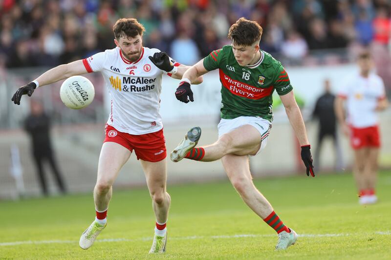 Tyrone’s Rory Brennan and Conal Dawson of Mayo. Photograph: James Crombie/Inpho