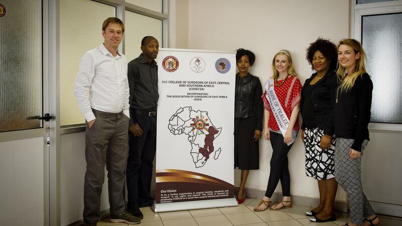 From left to right, Eric O’Flynn, programme director, RCSI/Cosecsa collaboration programme; Dr Charles Mabedi, urology trainee, Kilimanjaro Christian Medical Centre; Rosemary Mugwe, chief executive officer, Cosecsa; Elysha Brennan, Rose of Tralee and RCSI medical student; Judith Andrew,senior programme officer, Cosecsa; and Stephanie Kirwan, Development Perspectives, an Irish NGO.
