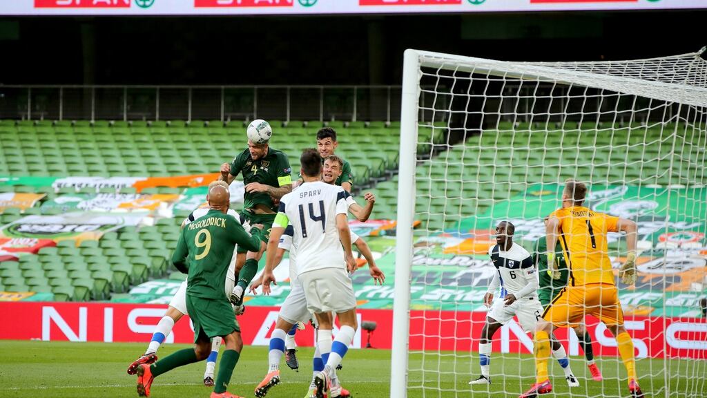 Ireland’s Shane Duffy attempts a header on Finland’s goal during their Nations League match at the Aviva Stadium, Dublin on Sunday. Photograph: Ryan Byrne/Inpho