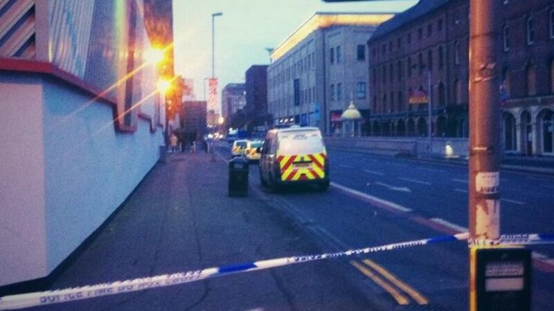 The police cordon on Victoria Street, Belfast, where a 130lb device car bomb partially exploded in a car park under the Victoria Square shopping centre this morning. Photograph: Michael Wilson/Twitter