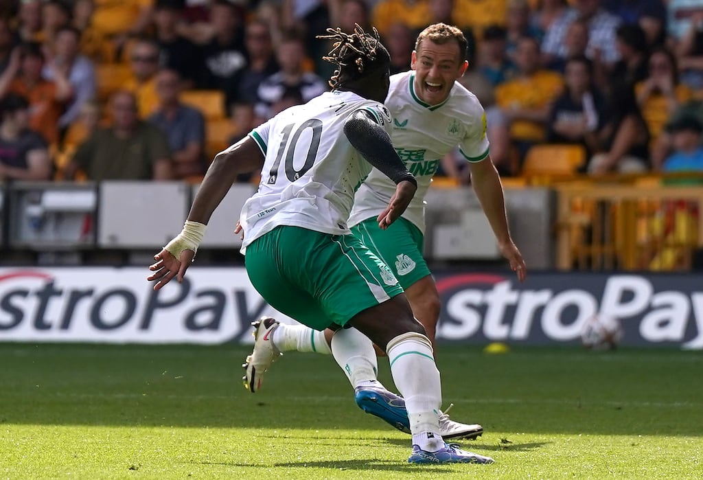 Newcastle United's Allan Saint-Maximin celebrates scoring for his team at Molineux Stadium. Photograph: PA