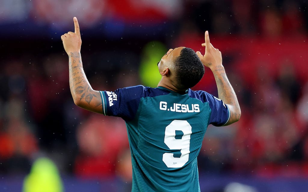 Gabriel Jesus of Arsenal celebrates after scoring the team's second goal during the Champions League clash with Sevilla. Photograph: Fran Santiago/Getty Images
