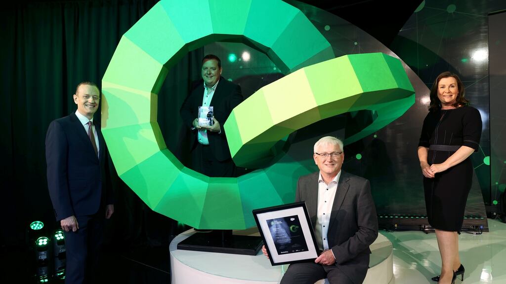 Harry Goddard, chief executive, Deloitte Ireland (left to right); Cormac McCloskey, co-owner and director, Errigal Contracts; Damien Treanor, co-owner and director, Errigal Contracts; and Deirdre Purcell, area vice-president, Salesforce, Ireland. Photograph: Jason Clarke