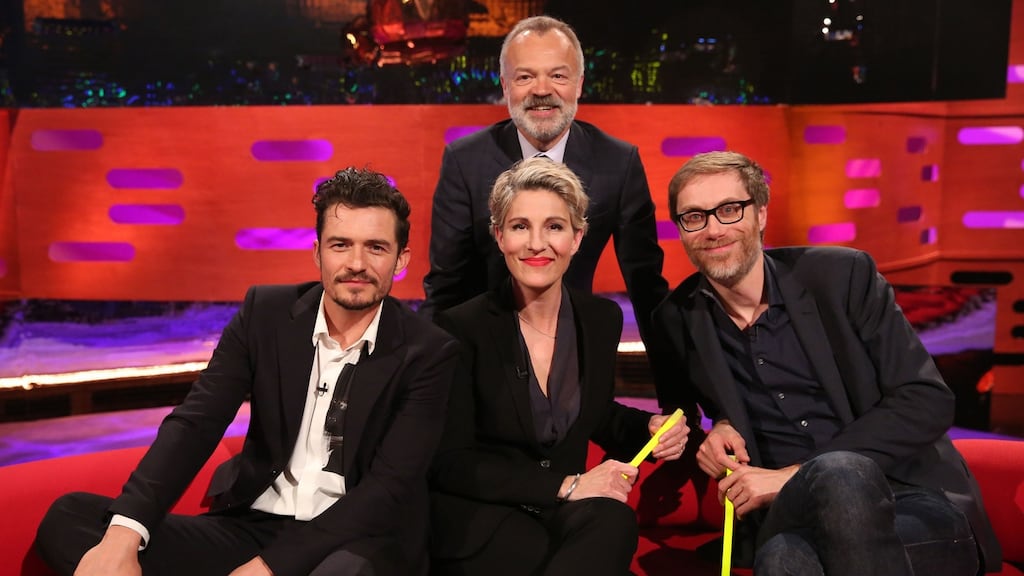 Graham Norton and Orlando Bloom, Tamsin Greig, and Stephen Merchant during filming for ‘The Graham Norton Show’. Photograph: PA Images on behalf of So TV