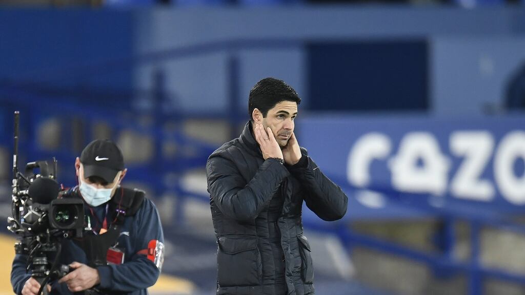 Mikel Arteta after his Arsenal team’s defeat to Everton. Photograph:EPA