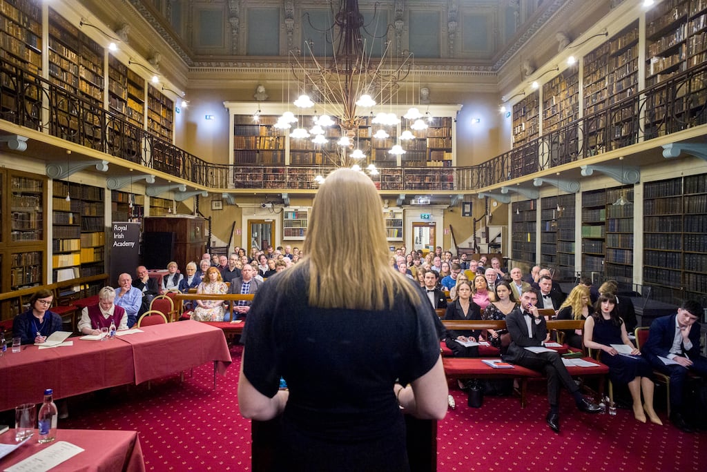 Hannah Egan from the Solicitors’ Apprentice Debating Society of Ireland speaking at the Irish Times Debate semi-final in the Royal Irish Academy on Thursday night. Photograph: Joh Ohle/The Irish Times
