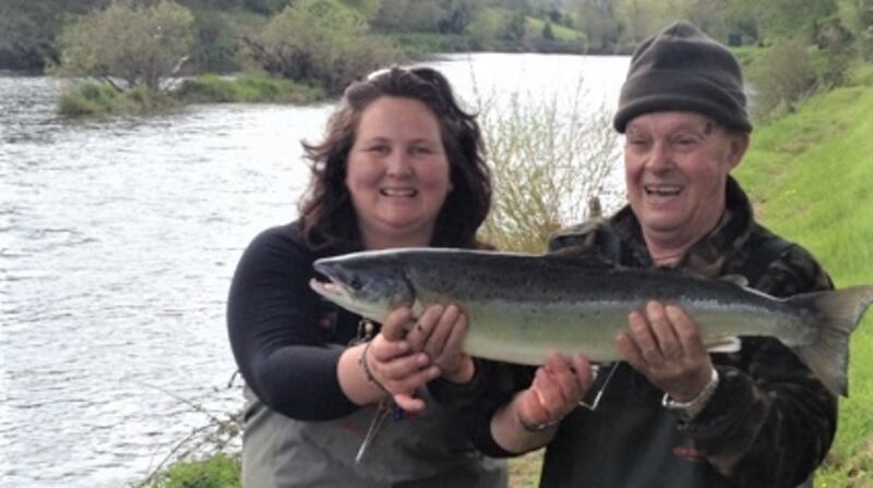 Mario Corona (left) from Italy with his ‘birthday’ salmon from the Blackwater Lodge Fishery, with Glenda Powell.