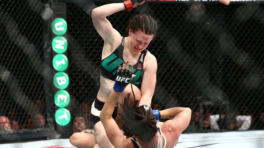 Ireland’s Aisling Daly in action against Ericka Almeida during the UFC Fight Night at the 3 Arena in Dublin. Photograph: Cathal Noonan/Inpho
