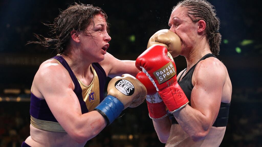 Katie Taylor and Delfine Persoon during their world lightweight championship fight at Madison Square Garden, New York. Photograph: Inpho/Matchroom Boxing/Ed Mulholland