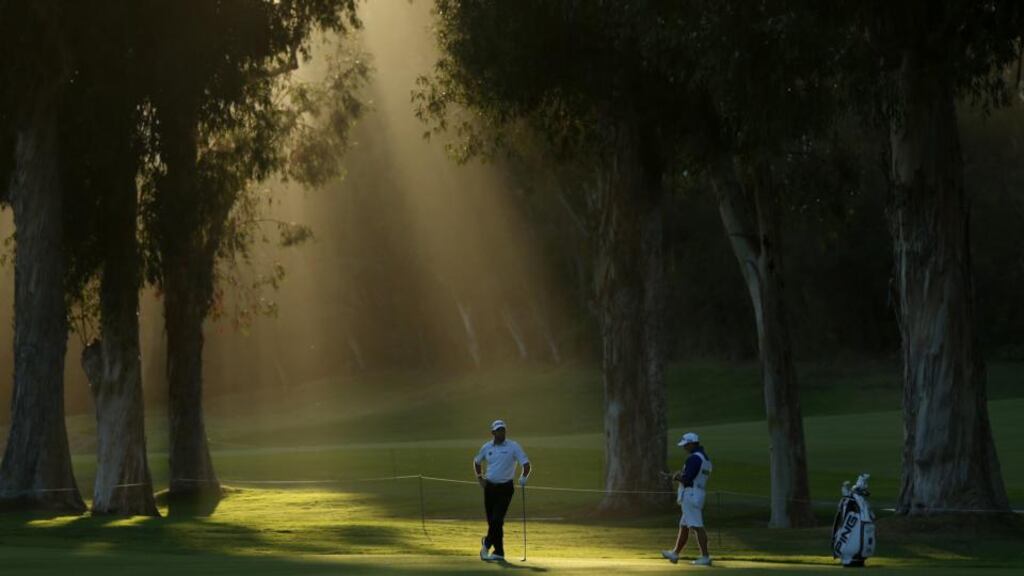 Lee Westwood waits to play a tee shot in the second round of the Northern Trust Open. Photograph: Jeff Gross/Getty Images