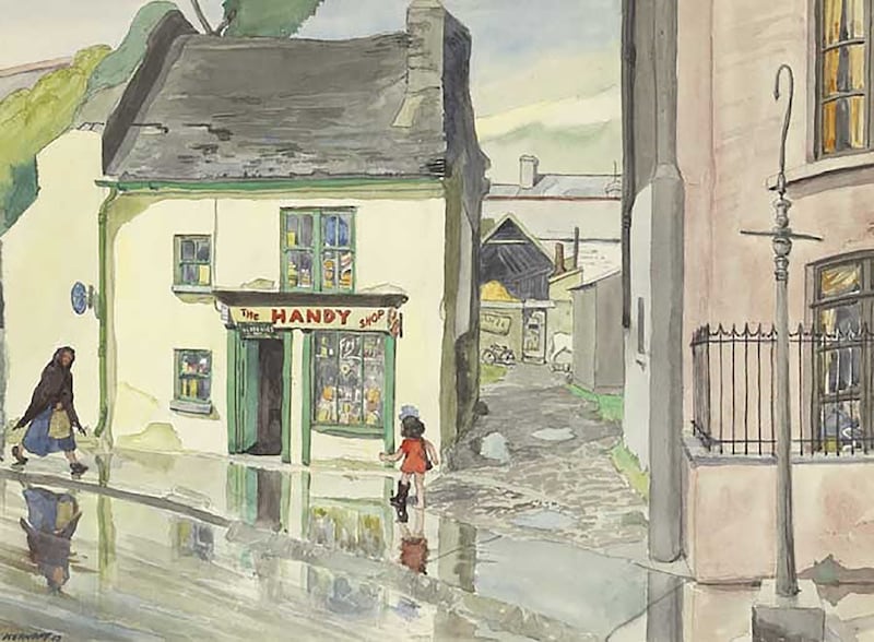 'The Handy shop after rain', a watercolour street scene by Kernoff. © Estate of Harry Aaron Kernoff