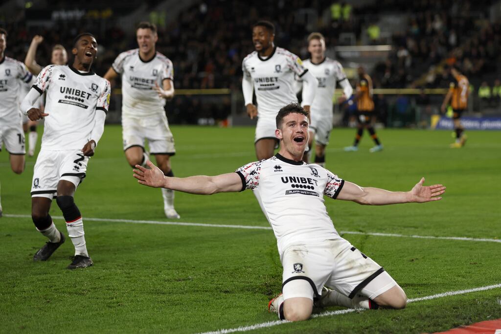 Darragh Lenihan celebrates a goal playing for Middlesbrough against Hull in the Championship. Photograph: Richard Sellers/PA