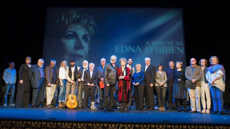 Edna O’Brien with members of the cast and guest performers prior to a special tribute performance to the writer at the Gaiety Theatre in Dublin last night.Photograph: Dave Meehan