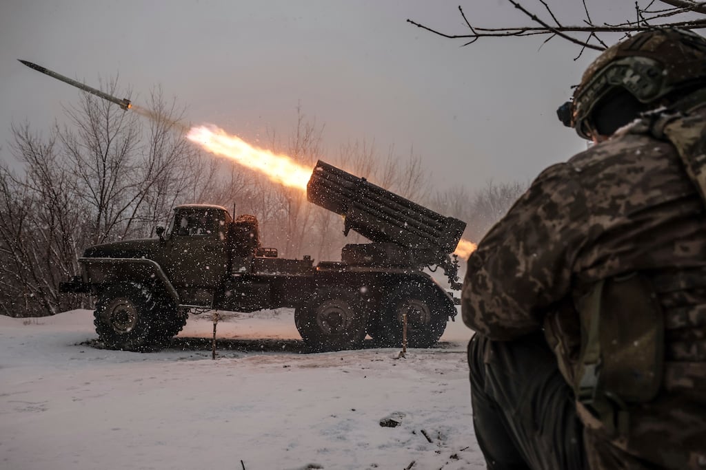 Ukrainian servicemen fire a rocket towards Russian army positions in the Donetsk region. Simon Harris will brief Ministers today on plan to provide Ukraine with €50m in non-lethal military support. Photograph: AP