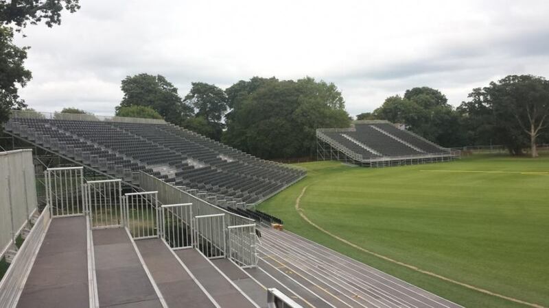 Work is continuing on the grandstands at Malahide ahead of next week’s match. Photograph: Cricket Ireland