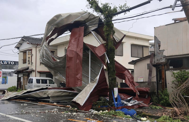 A damaged power line in Miyazaki, western Japan. Photograph: Kyodo News via AP