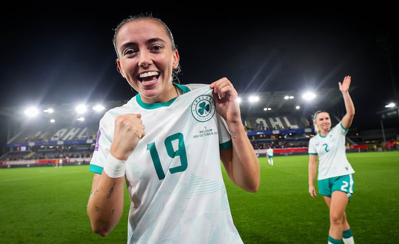Abbie Larkin celebrates after Tuesday's second-leg fixture against Belgium. Photograph: Ryan Byrne/Inpho