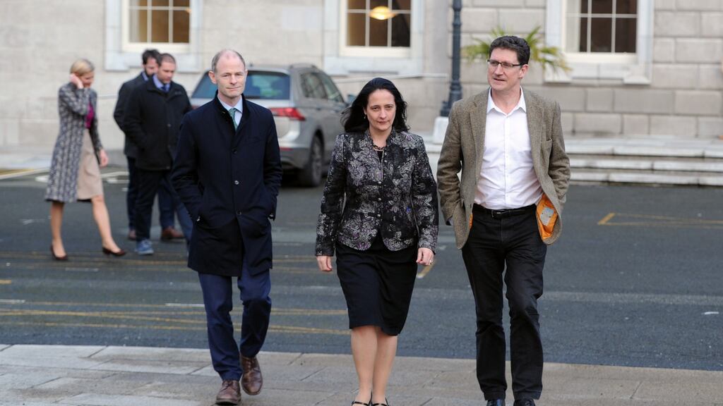 Green Party TDs Ossian Smyth and Catherine Martin, and Green Party leader Eamon Ryan. Photograph: Aidan Crawley