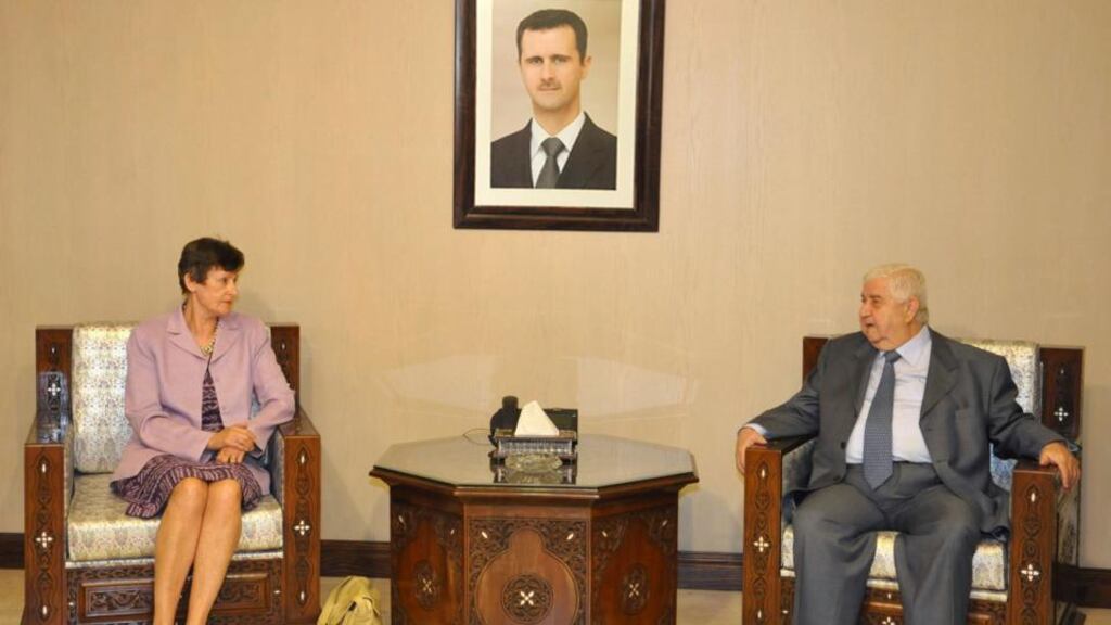 Syrian Foreign Minister Walid al-Muallem (R) meets UN High Representative for Disarmament Affairs Angela Kane in Damascus, in this handout photo distributed by Syria’s national news agency SANA. Photograph: SANA/Handout via Reuters