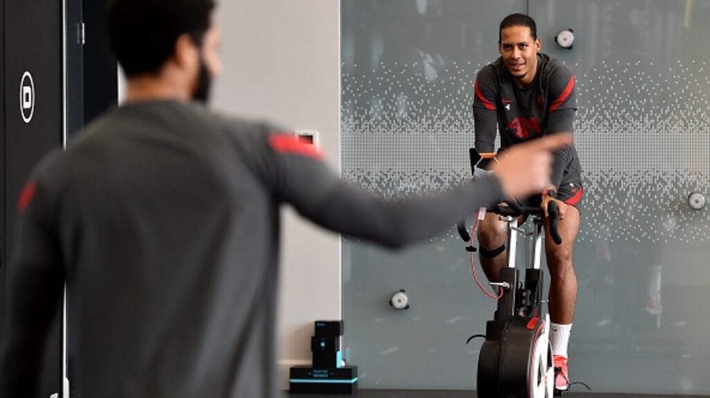 Virgil van Dijk of Liverpool during a rehabilitation session at AXA Training Centre on Friday. Photograph: Getty Images