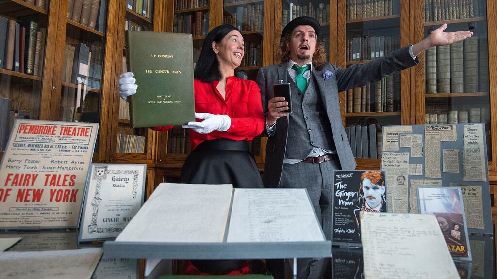 National Library director Sandra Collins with actor Rory Dignam playing the role of Sebastian Dangerfield, the protagonist of Donleavy’s novel The Ginger Man. Photograph: Dave Meehan
