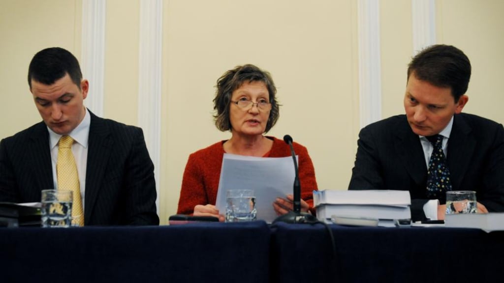 Geraldine Finucane (centre), wife of late Belfast solicitor Pat Finucane, and her two sons Michael (right), and John Finucane (left), holding a press conference in Westminster after hearing the report by Sir Desmond de Silva QC into her husband’s murder in 1989. Photograph: Stefan Rousseau/PA Wire