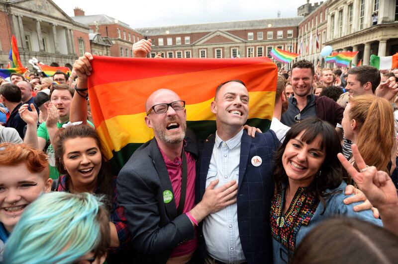 ‘We’ve won’: Dave Power and Paul Byrne celebrating at Dublin Castle. Photograph: Dara Mac Dónaill/The Irish Times