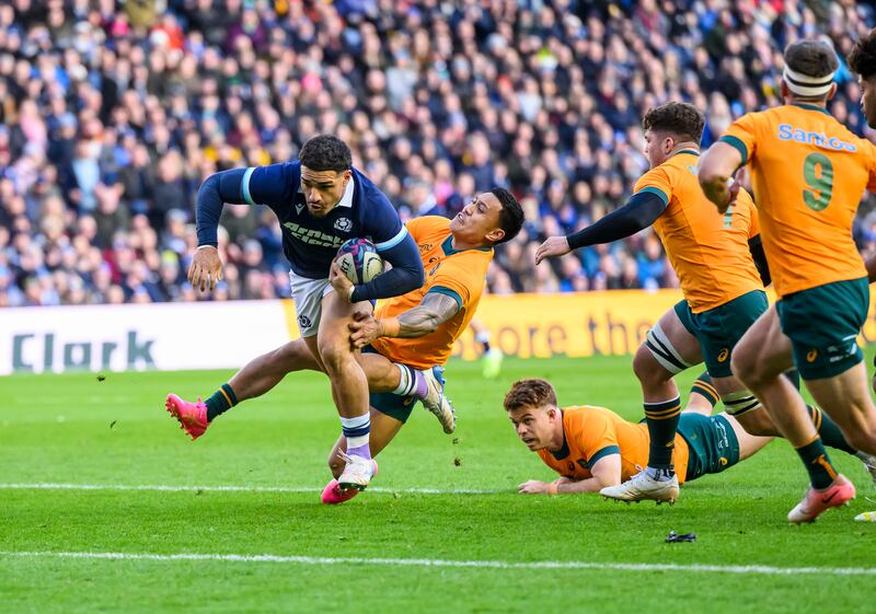 Sione Tuipulotu scores a try for Scotland during the Autumn Nations game against Australia at Murrayfield last November. Photograph: Craig Watson/Inpho