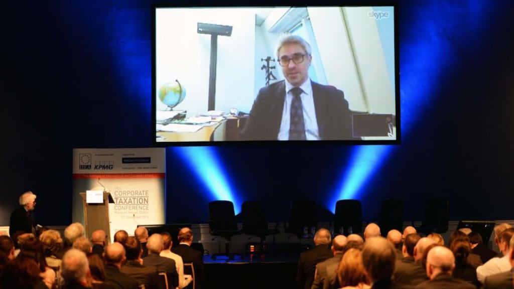 Pascal Saint-Amans, director of the Centre for Tax Policy and Administration OECD, addressing delegates via skype: At the conference Minister for Finance Michael Noonan said plans to reform the global tax system must not be used to create advantages for larger countries. Photograph: Eric Luke/The Irish Times