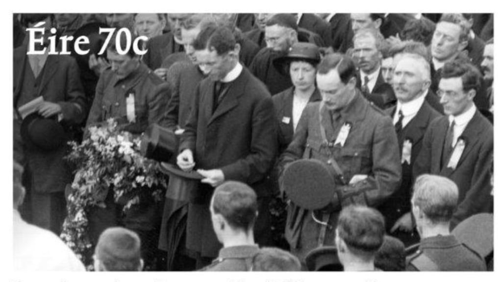 The stamp depicts Pearse at the graveside of O’Donovan Rossa in Glasnevin Cemetery