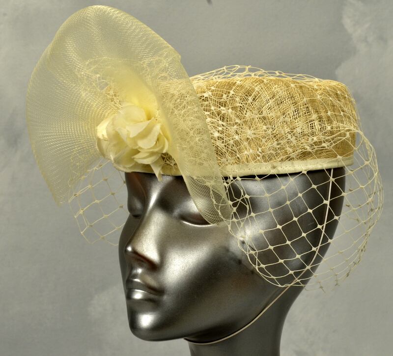 Gold fine-straw pillbox hat with beading and netting from Eily Henry Vintage (€38)
