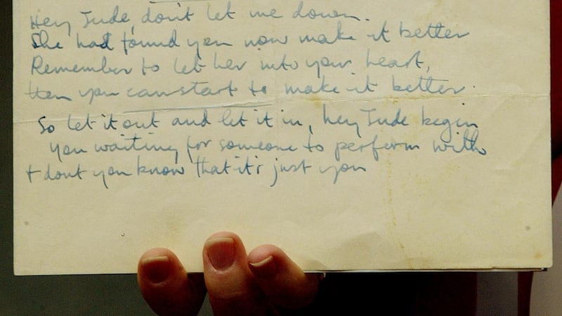 A rare page of handwritten lyrics of the Beatles’ best selling single Hey Jude. Photograph: ODD ANDERSEN/AFP via Getty Images
