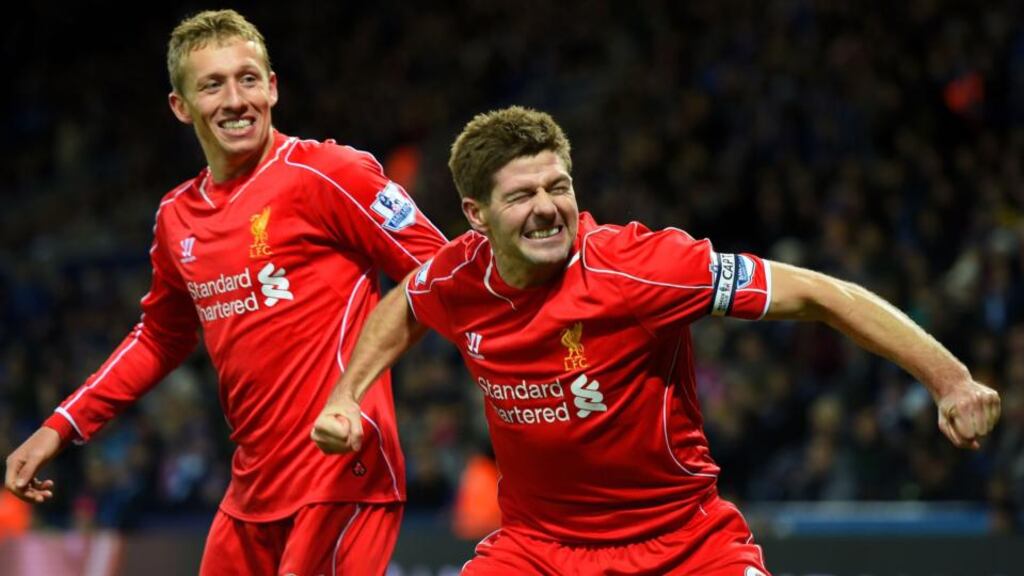 Steven Gerrard celebrates after scoring Liverpool’s second goal in Tuesday’s 3-1 win at Leicester. Photograph: Shaun Botterill/Getty Images