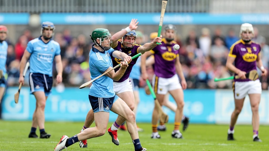 Dublin’s Tom Connolly and Kevin Foley of Wexford in their Leinster Senior Hurling Championship round 2 match at Parnell Park, Dublin, last Sunday. Photograph: Laszlo Geczo/Inpho