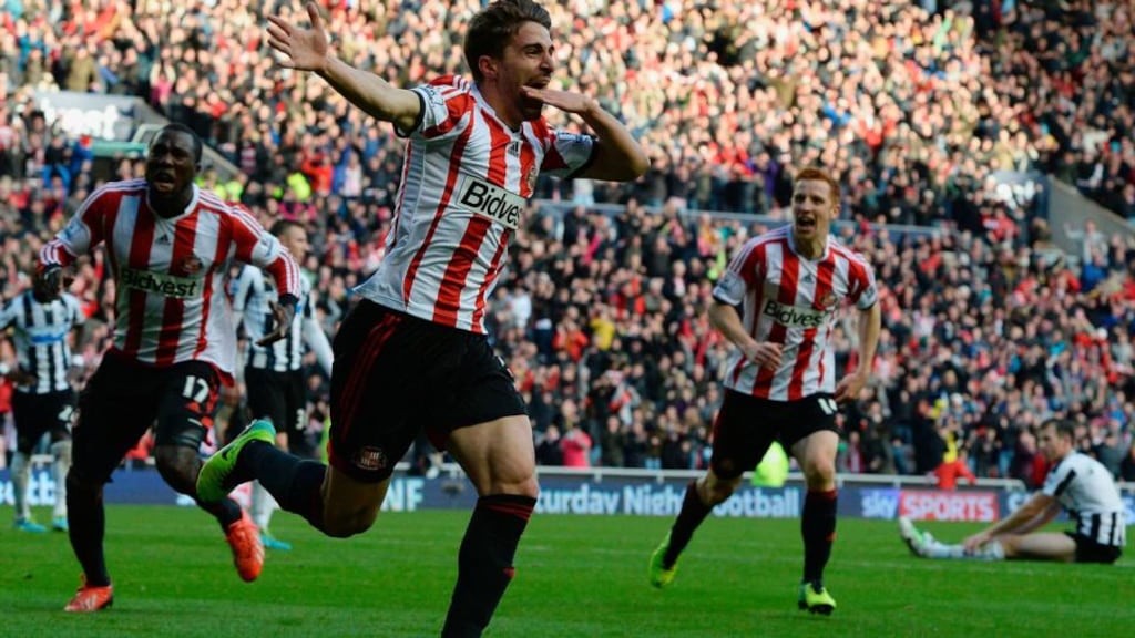 Sunderland’s Fabio Borini celebrates his late winner against Newcastle.