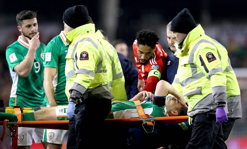 During the 2018 World Cup qualifier against Wales at the Aviva stadium
Ireland's Seamus Coleman was taken off on a stretcher after a serious injury. File photograph: Ryan Byrne/Inpho