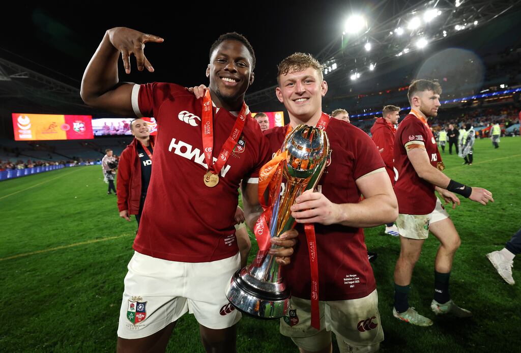 Maro Itoje and Jac Morgan of the British & Irish Lions with the Tom Richards Cup after their 2-1 series victory following the third Test of the series against Australia in Sydney. Photograph: David Rogers/Getty Images