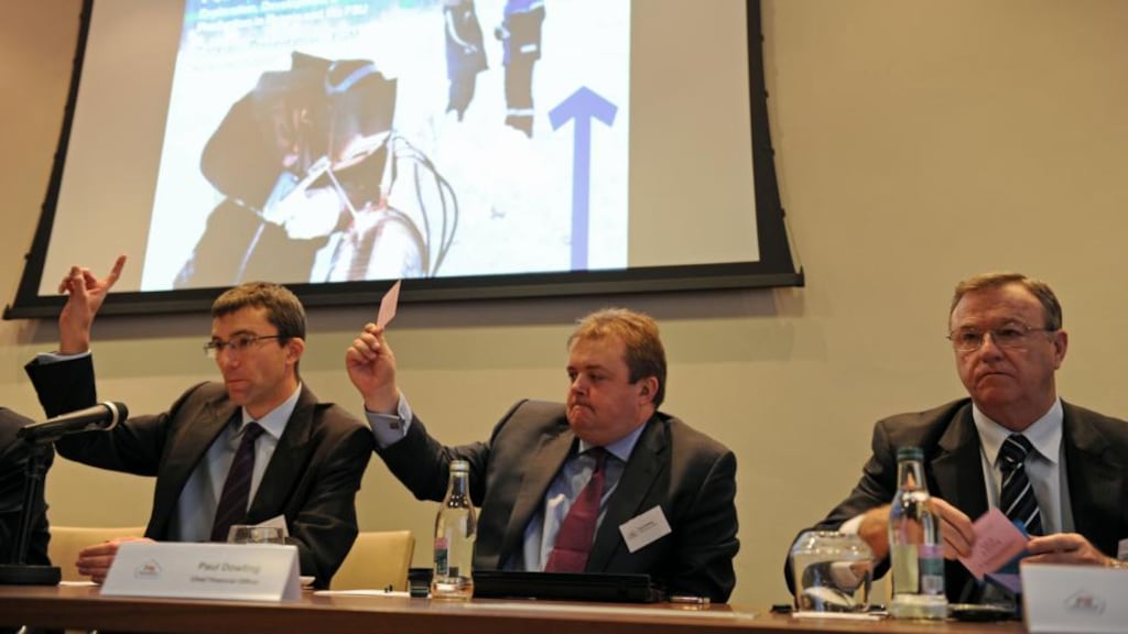 Tom Hickey, non executive director, Paul Dowling CFO and chief executive Dennis Francis at the PetroNeft EGM in Dublin last year. Photo: Frank Miller/The Irish Times