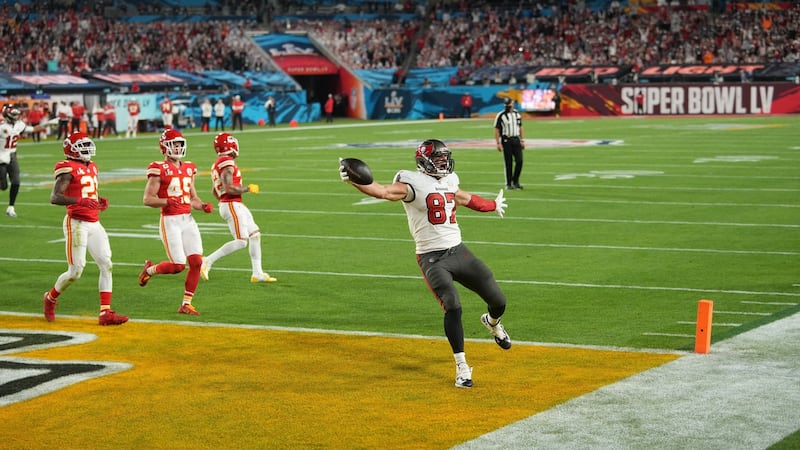 Rob Gronkowski scores one of his two touchdowns during Super Bowl LV. Photograph: Doug Mills/NYT