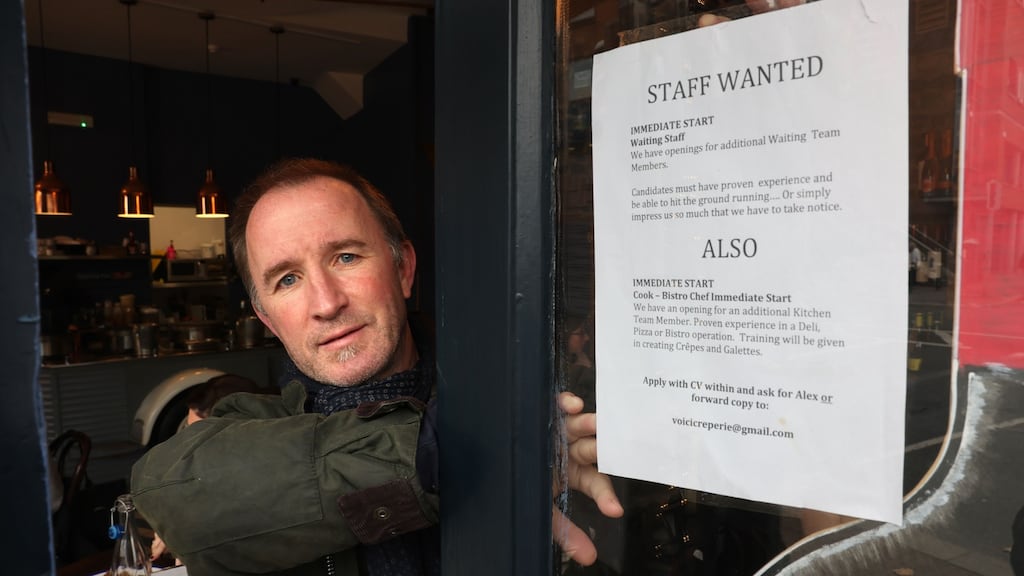 Red Kennedy of Voici creperie and wine bar in Rathmines, Dublin. ‘Anyone with experience can name their price. But there is a limit. I know that certain companies aren’t opening on certain days because they don’t have the staff.’Photograph: Dara Mac Dónaill