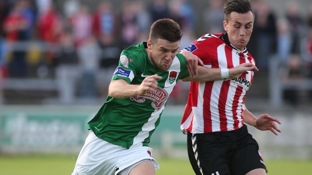 Cork City’s Steven Beattie and Derry’s Aaron McEneff in action at the Brandywell. Photograph: Lorcan Doherty/Presseye/Inpho